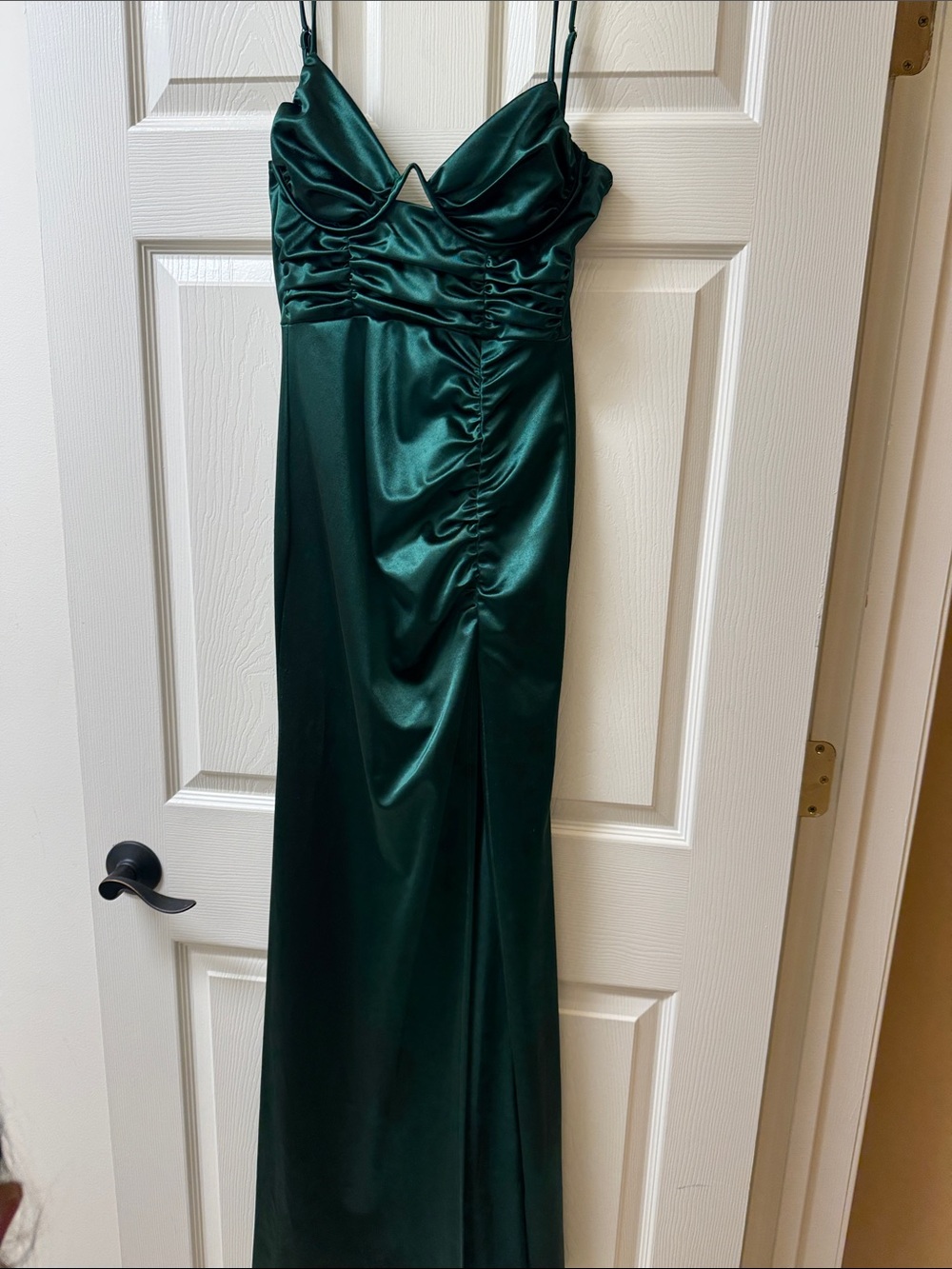 Emerald Satin Ruched Slip Dress